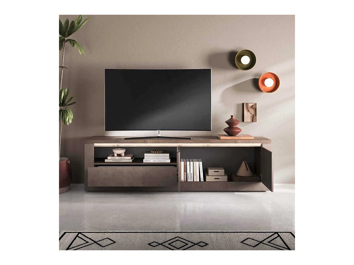 Meuble TV 2 portes aspect minéral bronze plateau bois Mercure avec LED - ISALIA BRONZE