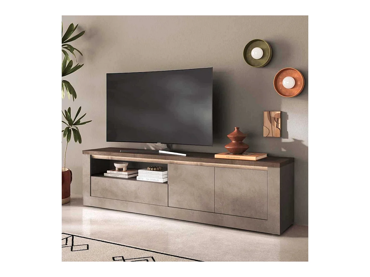 Meuble TV 2 portes aspect minéral bronze plateau bois Mercure avec LED - ISALIA BRONZE