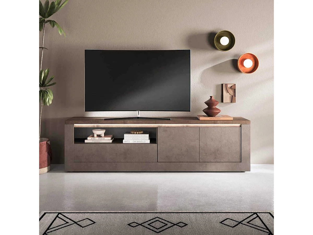 Meuble TV 2 portes aspect minéral bronze plateau bois Mercure avec LED - ISALIA BRONZE