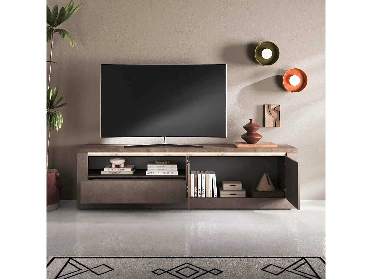 Meuble TV 2 portes aspect minéral bronze plateau bois Mercure avec LED - ISALIA BRONZE