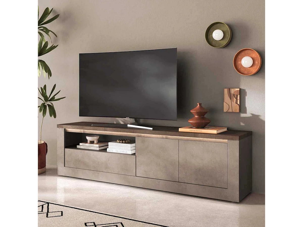 Meuble TV 2 portes aspect minéral bronze plateau bois Mercure avec LED - ISALIA BRONZE