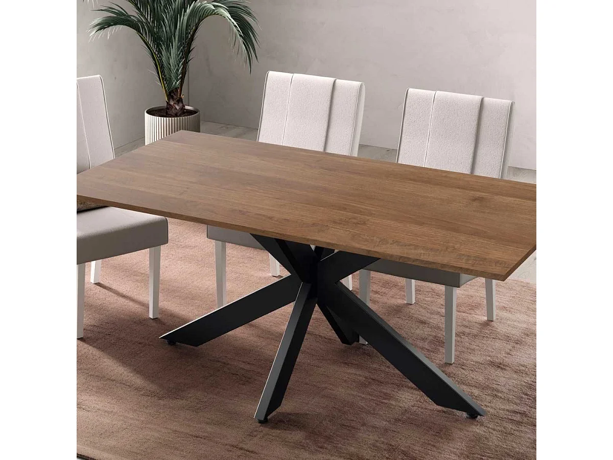Table repas plateau aspect bois Mercure pieds araignée en métal noir - ATHENA