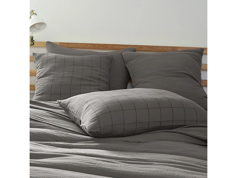 Taie d'oreiller 60x60 double gaze de coton grands carreaux granit Terre de Nuit