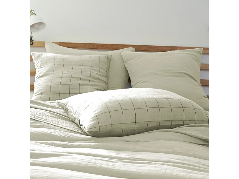 Taie d'oreiller 50x70 double gaze de coton grands carreaux vert d'eau Terre de Nuit