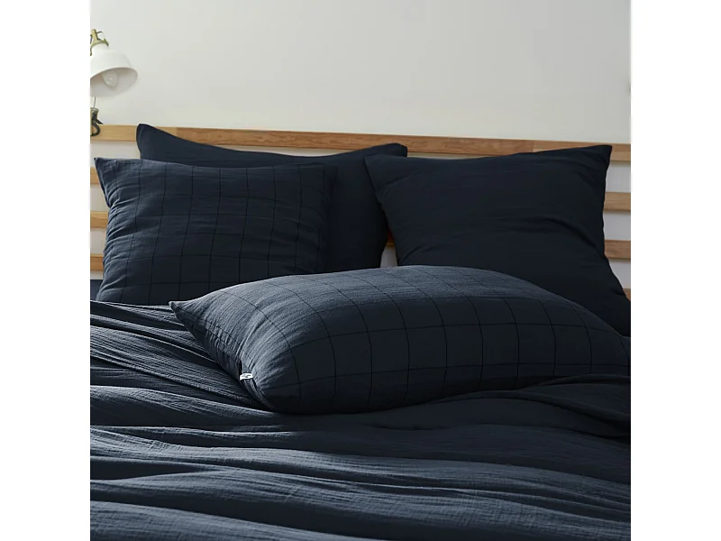 Taie d'oreiller 60x60 double gaze de coton grands carreaux minuit Terre de Nuit
