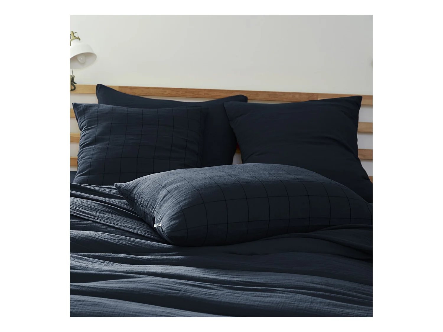 Taie d'oreiller 60x60 double gaze de coton grands carreaux minuit Terre de Nuit