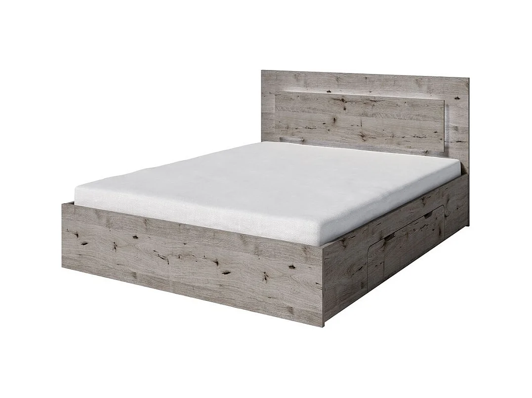 Ensemble lit VELTIS 160x200 cm avec sommier inclus – Tête de lit LED – Chêne Wellington – Matelas non inclus