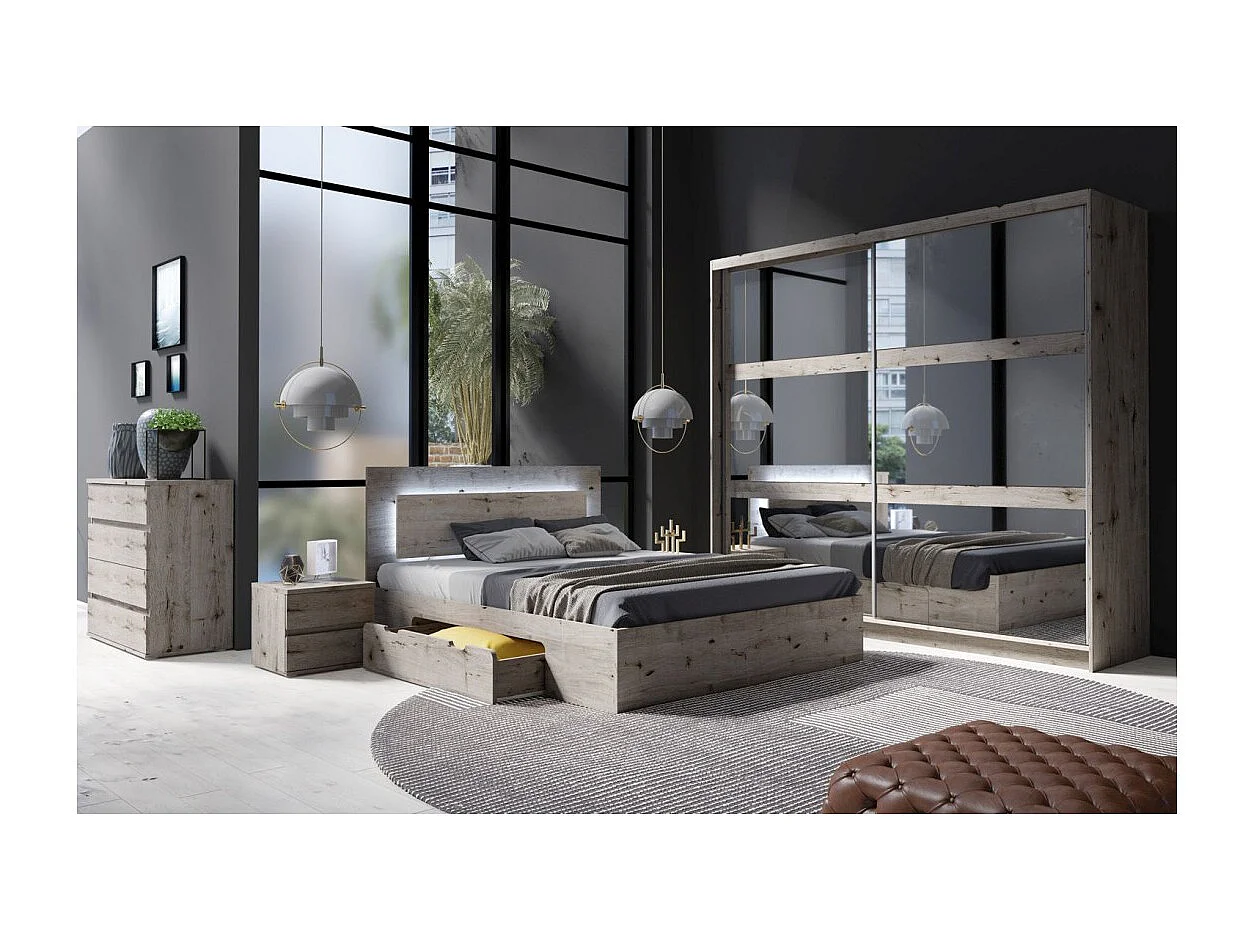 Conjunto de cama VELTIS 160x200 cm con somier incluido - Cabecero con LED - Roble Wellington - Colchón no incluido