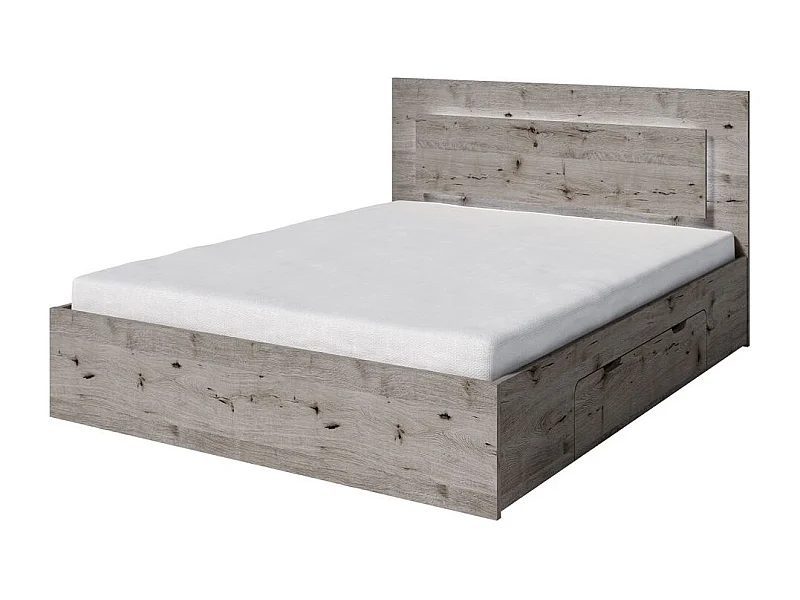 Ensemble lit VELTIS 160x200 cm avec sommier inclus – Tête de lit LED – Chêne Wellington – Matelas non inclus