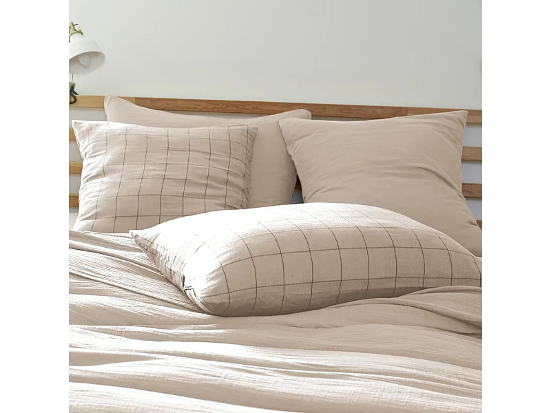 Taie d'oreiller 50x70 double gaze de coton grands carreaux pampa Terre de Nuit