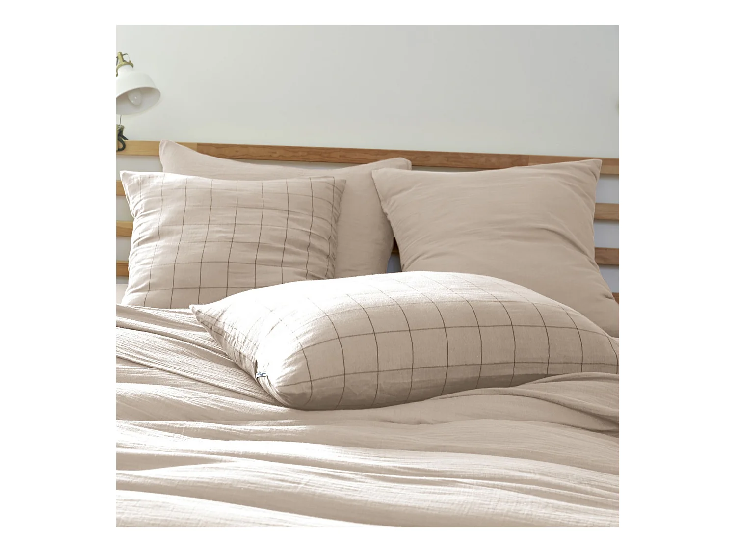 Taie d'oreiller 50x70 double gaze de coton grands carreaux pampa Terre de Nuit