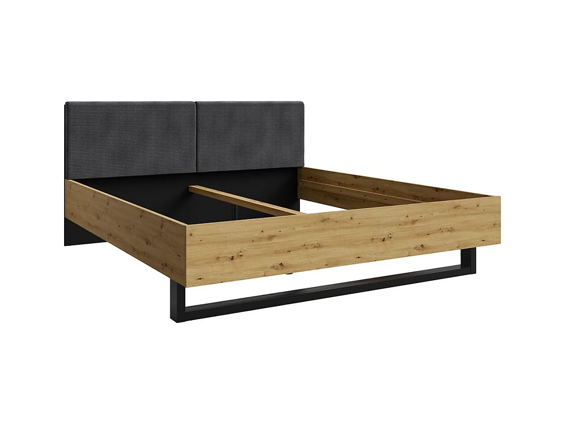 Cama MELODY 160x200 cm – Cabecero acolchado – Negro grafito y roble claro – Somier y colchón no incluidos