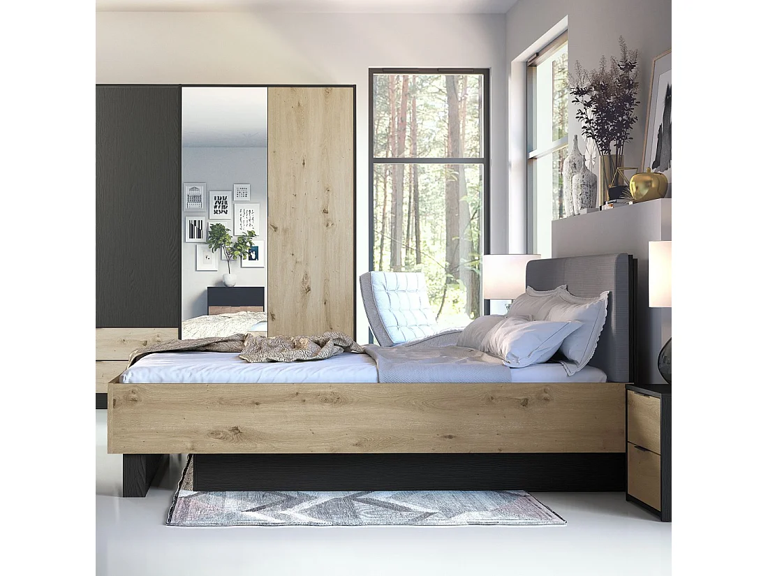 Lit MELODY 160x200 cm – Tête de lit rembourrée – Noir graphite et chêne clair – Sommier et matelas non inclus