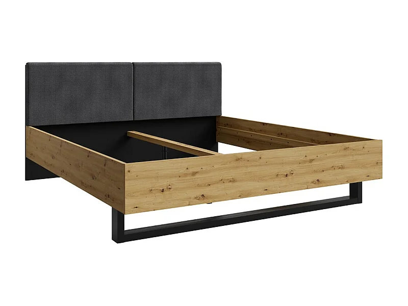 Cama MELODY 160x200 cm – Cabeceira estofada – Preto grafite e carvalho claro – Estrado e colchão não incluídos