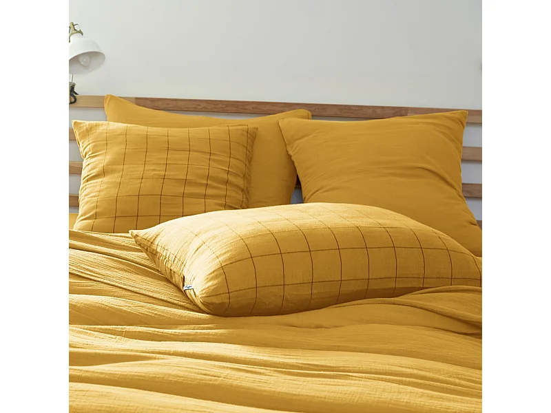 Taie d'oreiller 50x70 double gaze de coton grands carreaux jaune Terre de Nuit