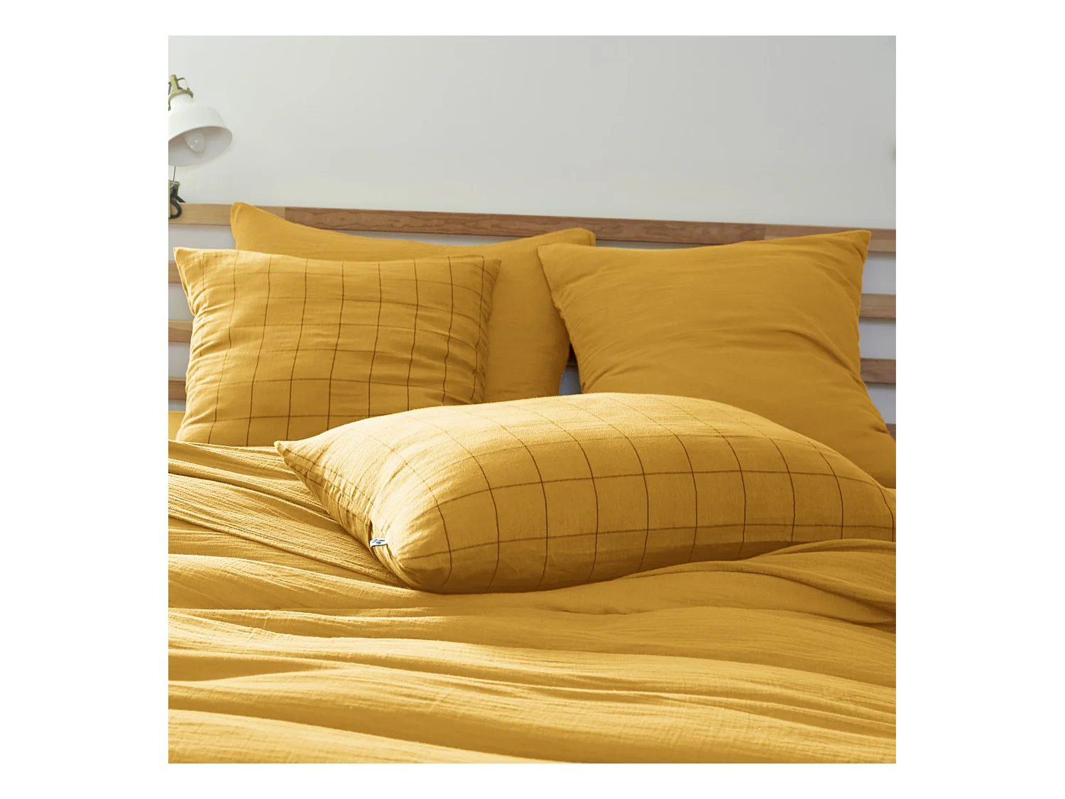 Taie d'oreiller 50x70 double gaze de coton grands carreaux jaune Terre de Nuit