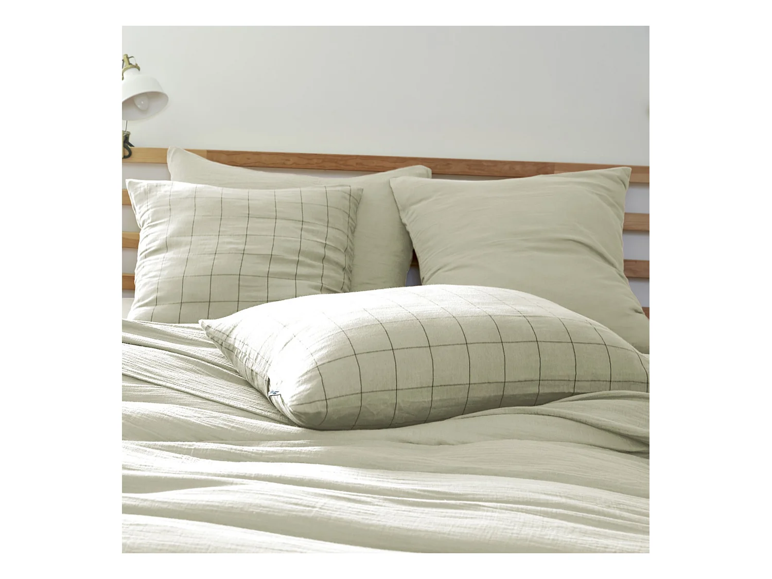 Taie d'oreiller 60x60 double gaze de coton grands carreaux vert d'eau Terre de Nuit