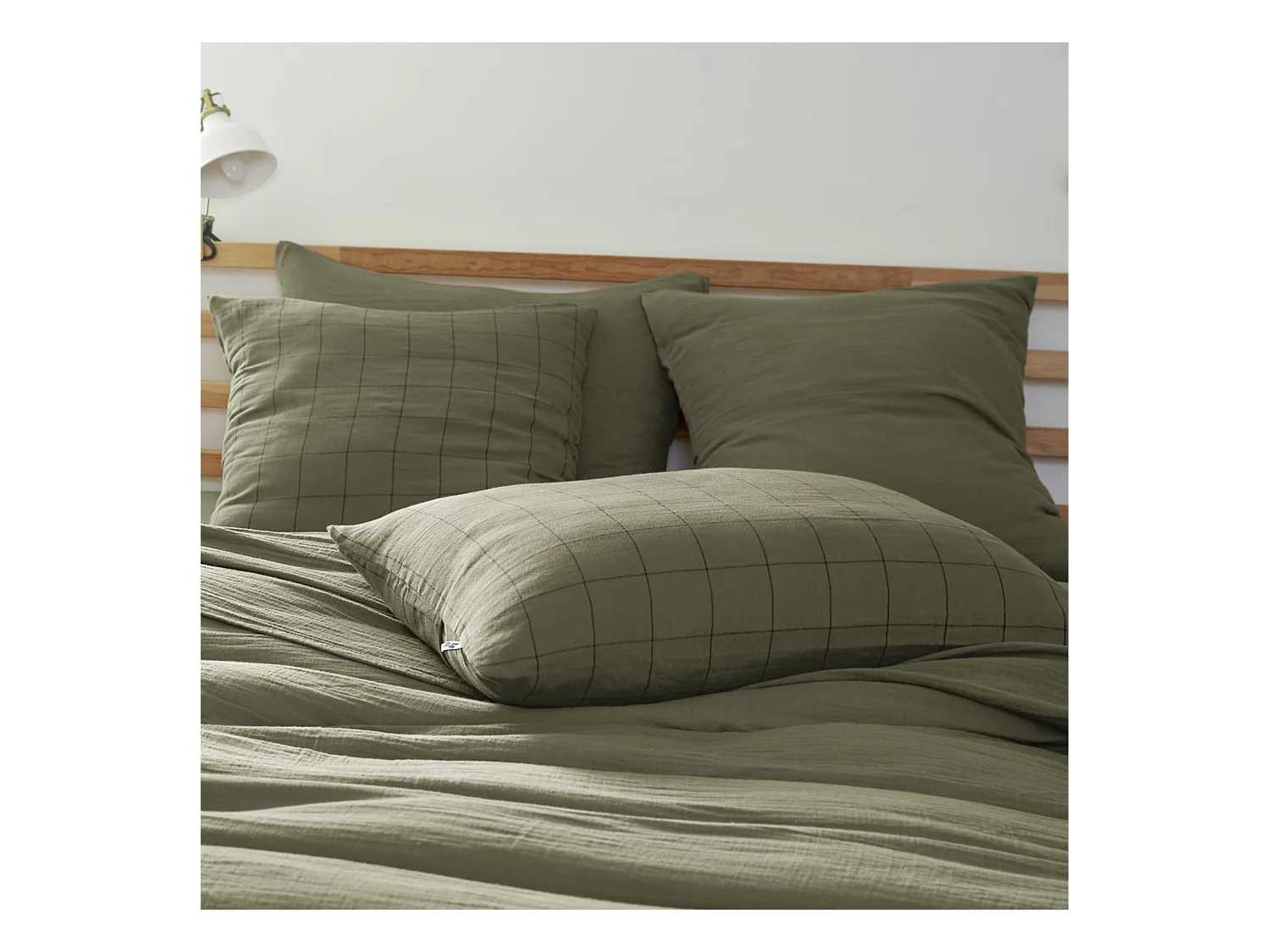 Taie d'oreiller 60x60 double gaze de coton grands carreaux romarin Terre de Nuit