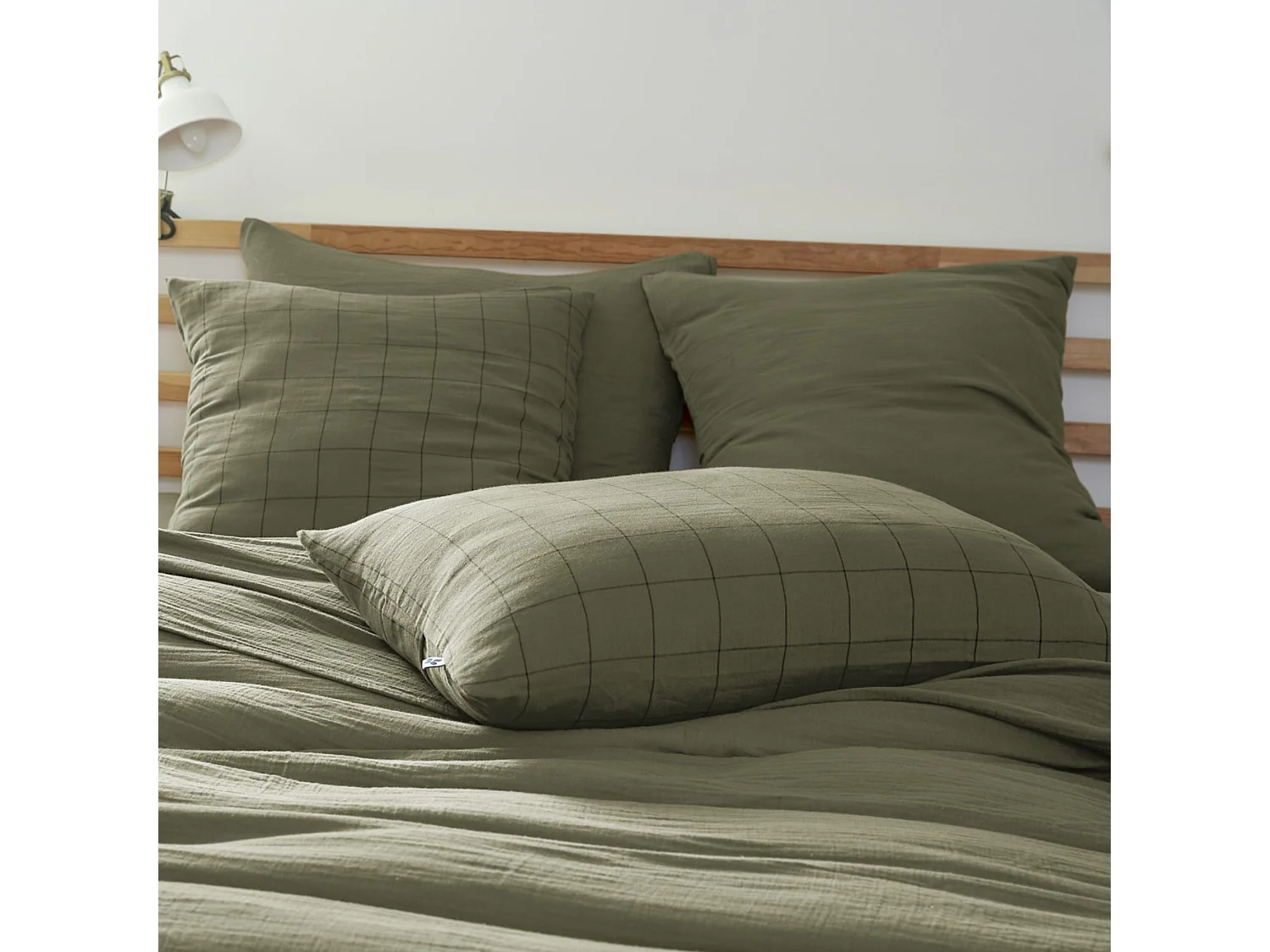 Taie d'oreiller 60x60 double gaze de coton grands carreaux romarin Terre de Nuit