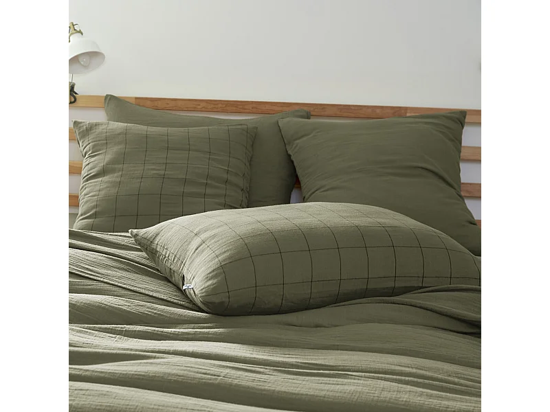 Taie d'oreiller 60x60 double gaze de coton grands carreaux romarin Terre de Nuit