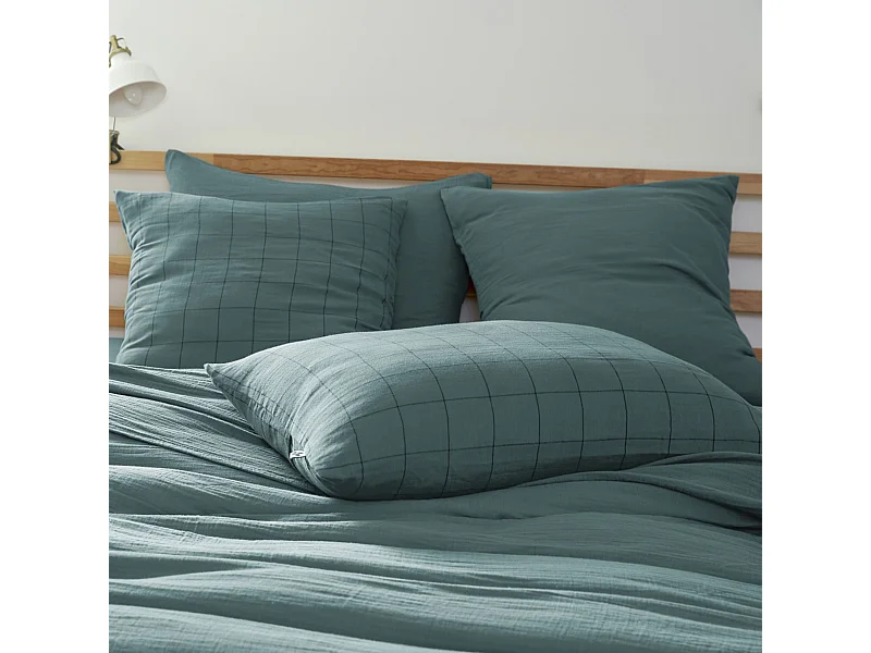 Taie d'oreiller 60x60 double gaze de coton grands carreaux canard Terre de Nuit