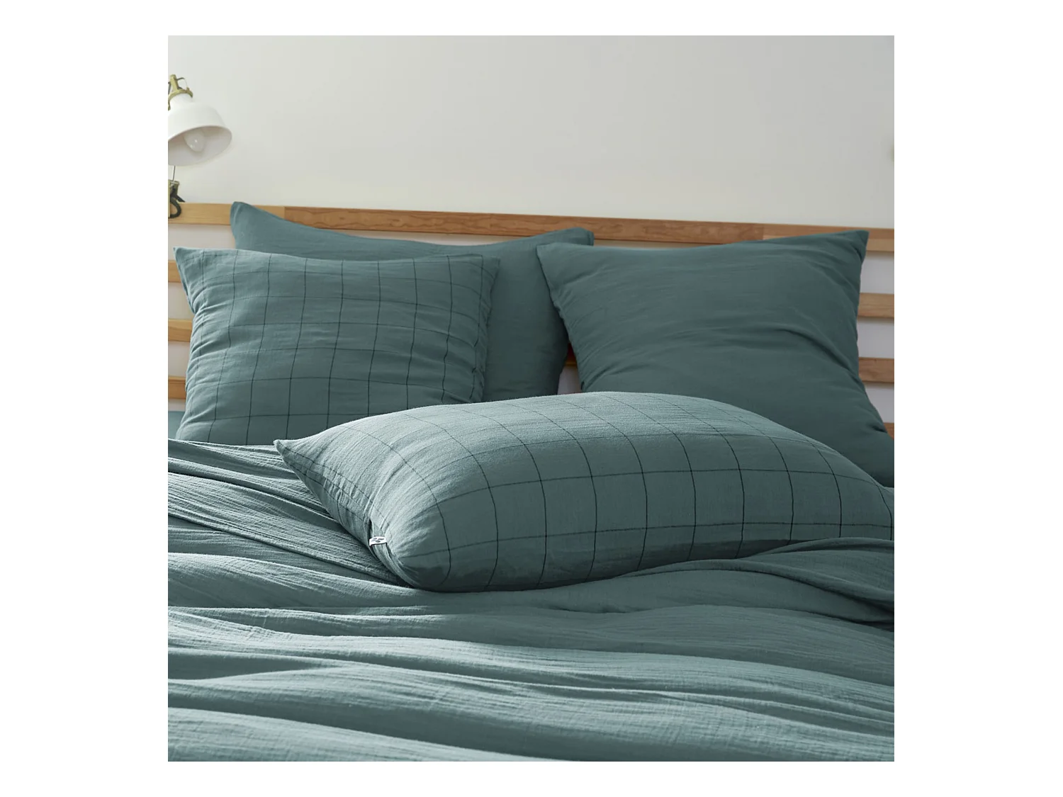 Taie d'oreiller 60x60 double gaze de coton grands carreaux canard Terre de Nuit