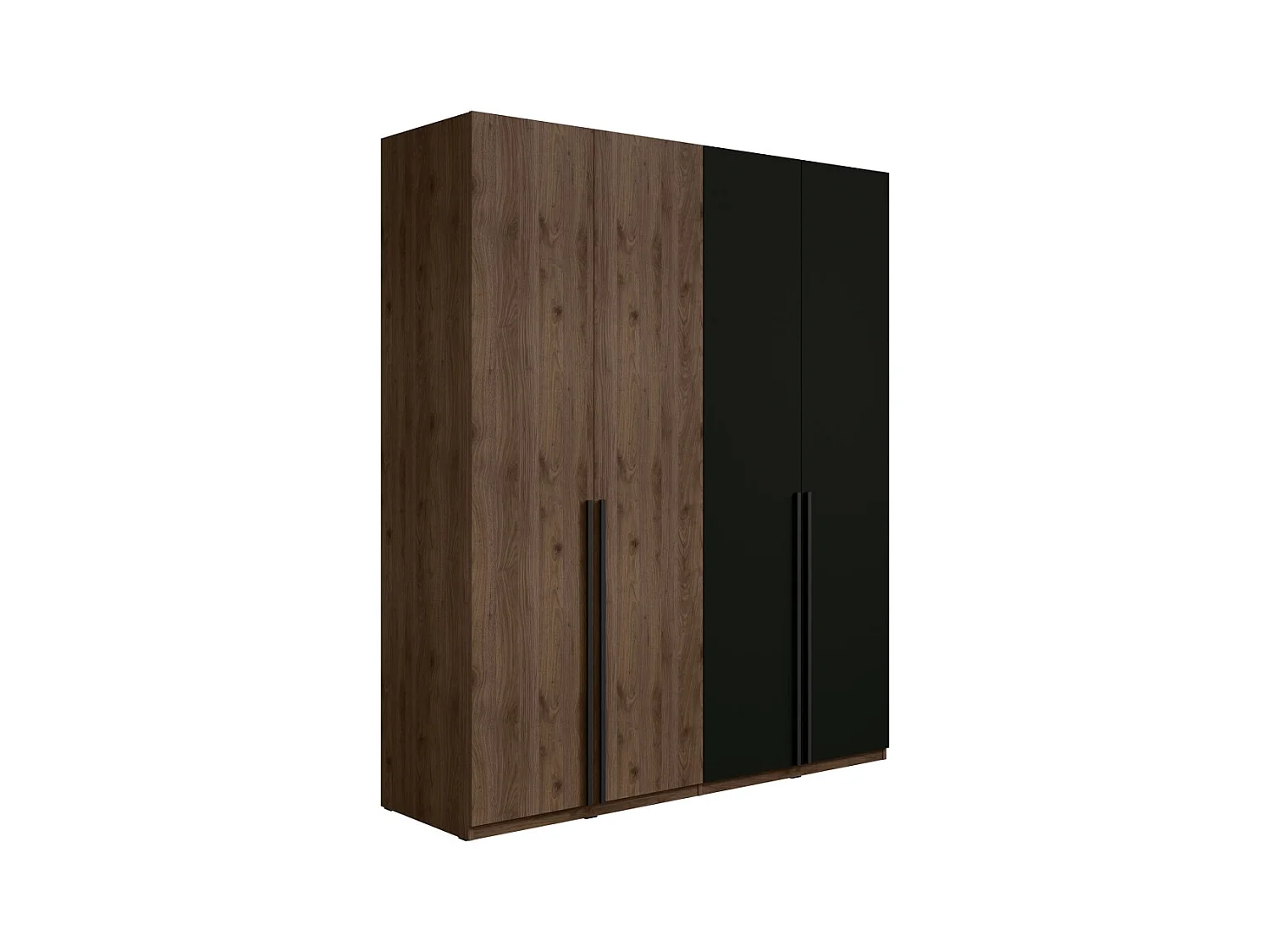 Armario de 4 puertas NORVIK – Color nuez y negro – Almacenamiento optimizado con ropero y estantes