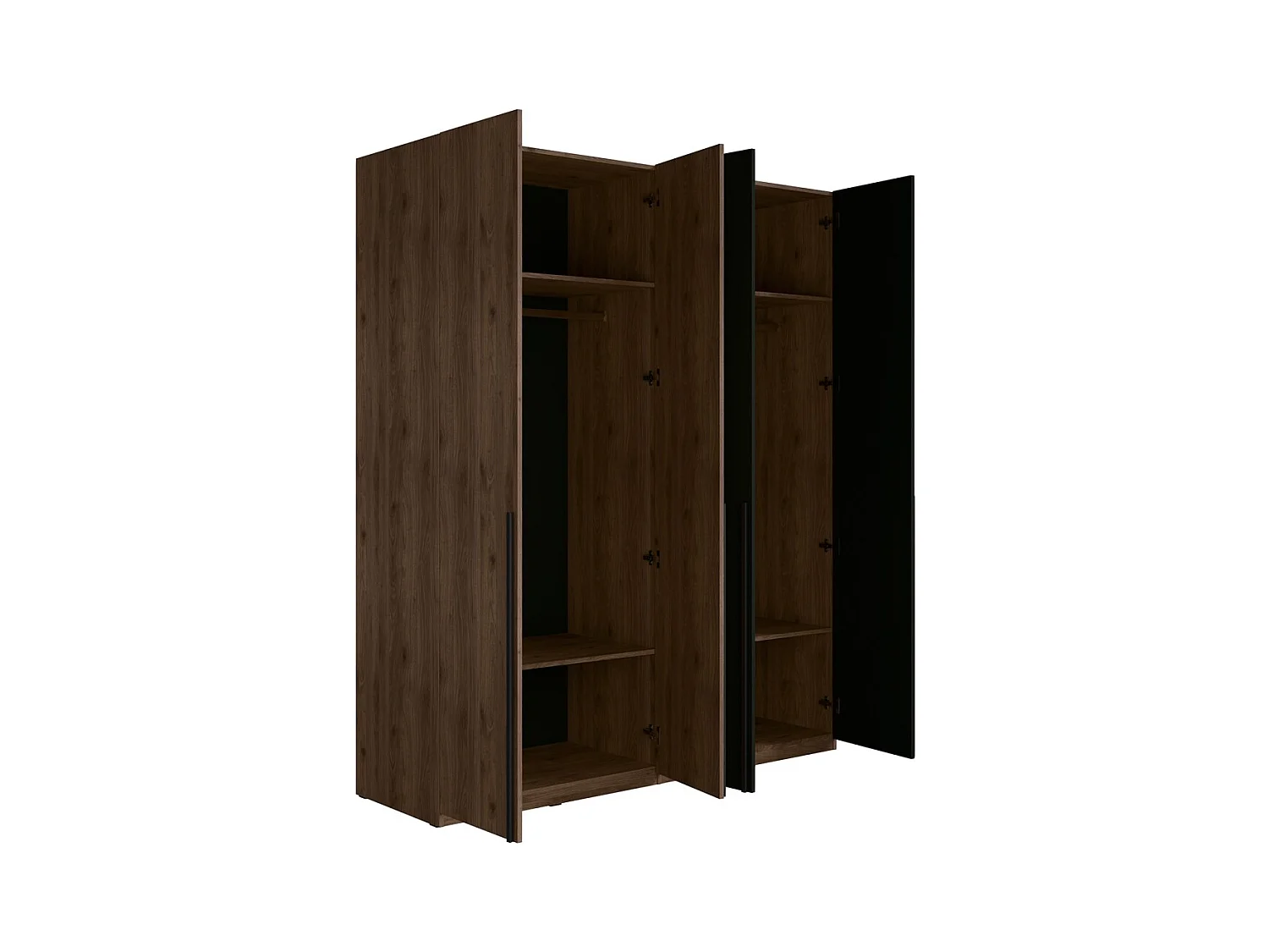 Armario de 4 puertas NORVIK – Color nuez y negro – Almacenamiento optimizado con ropero y estantes