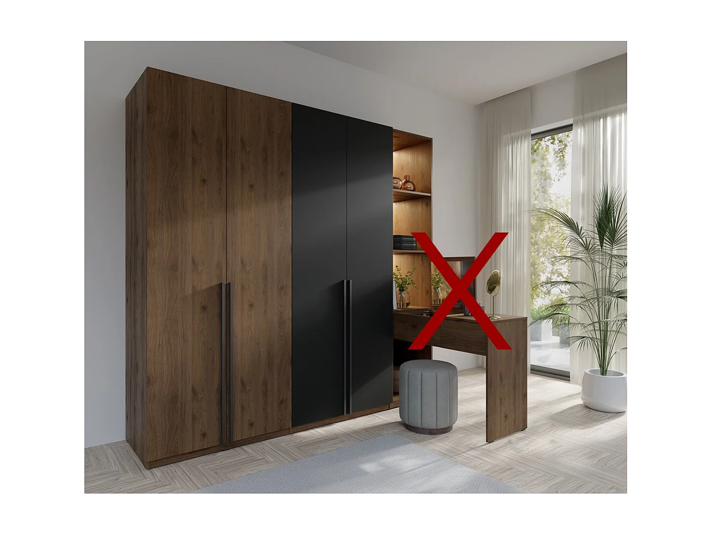 Armario de 4 puertas NORVIK – Color nuez y negro – Almacenamiento optimizado con ropero y estantes