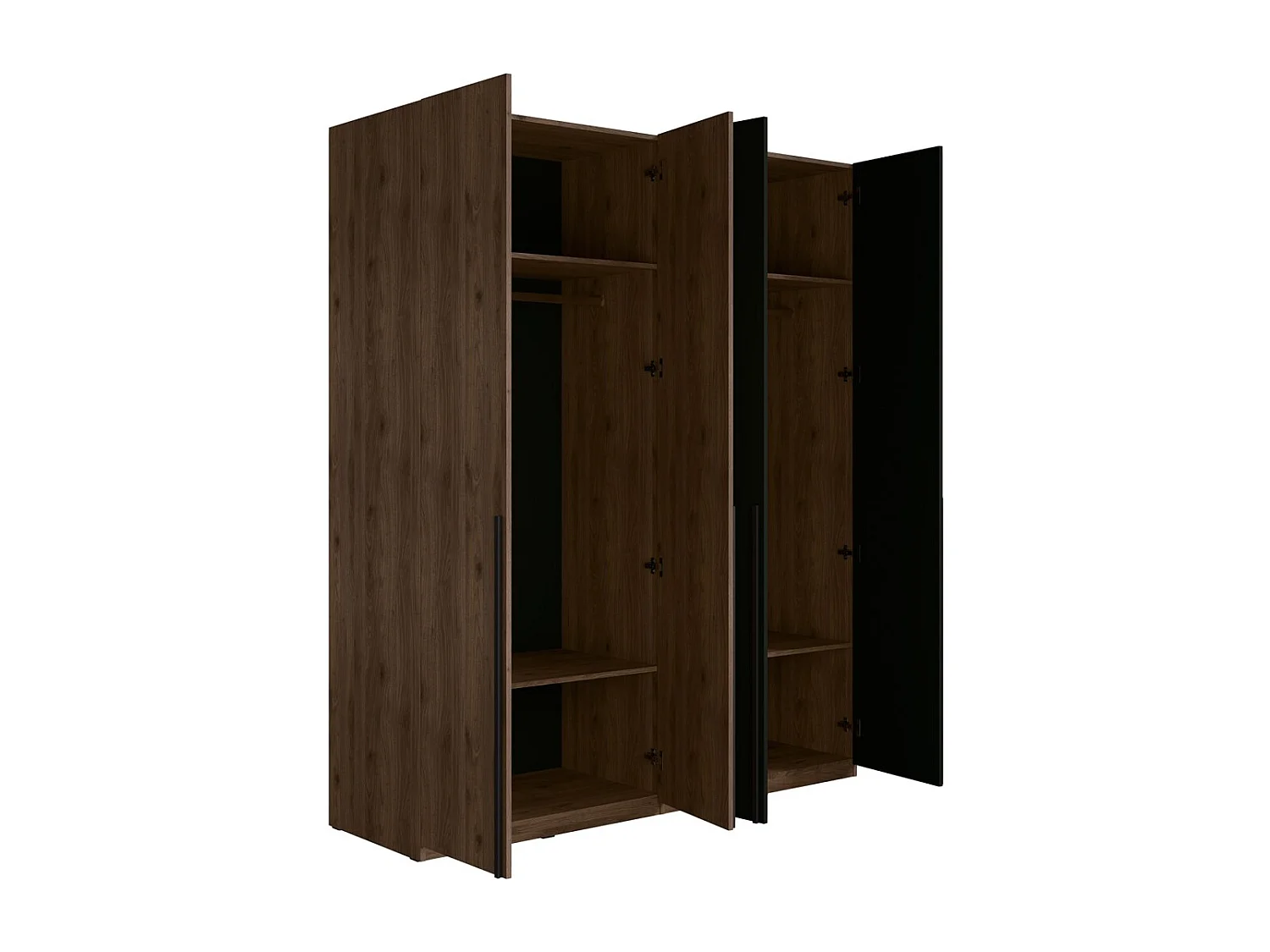 Armario de 4 puertas NORVIK – Color nuez y negro – Almacenamiento optimizado con ropero y estantes