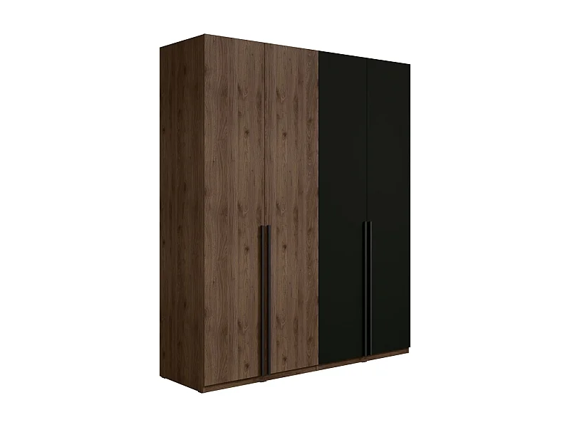 Armoire 4 portes NORVIK – Coloris noyer et noir – Rangement optimisé avec penderie et étagères