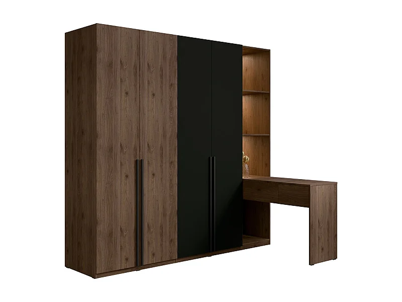 Armário 4 portas com penteadeira integrada NORVIK – Nogueira e preto – Espelho, LED e armazenamentos inclusos