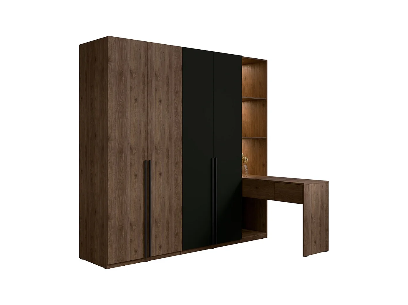Armoire 4 portes avec coiffeuse intégrée NORVIK – Noyer et noir – Miroir, LED et rangements inclus