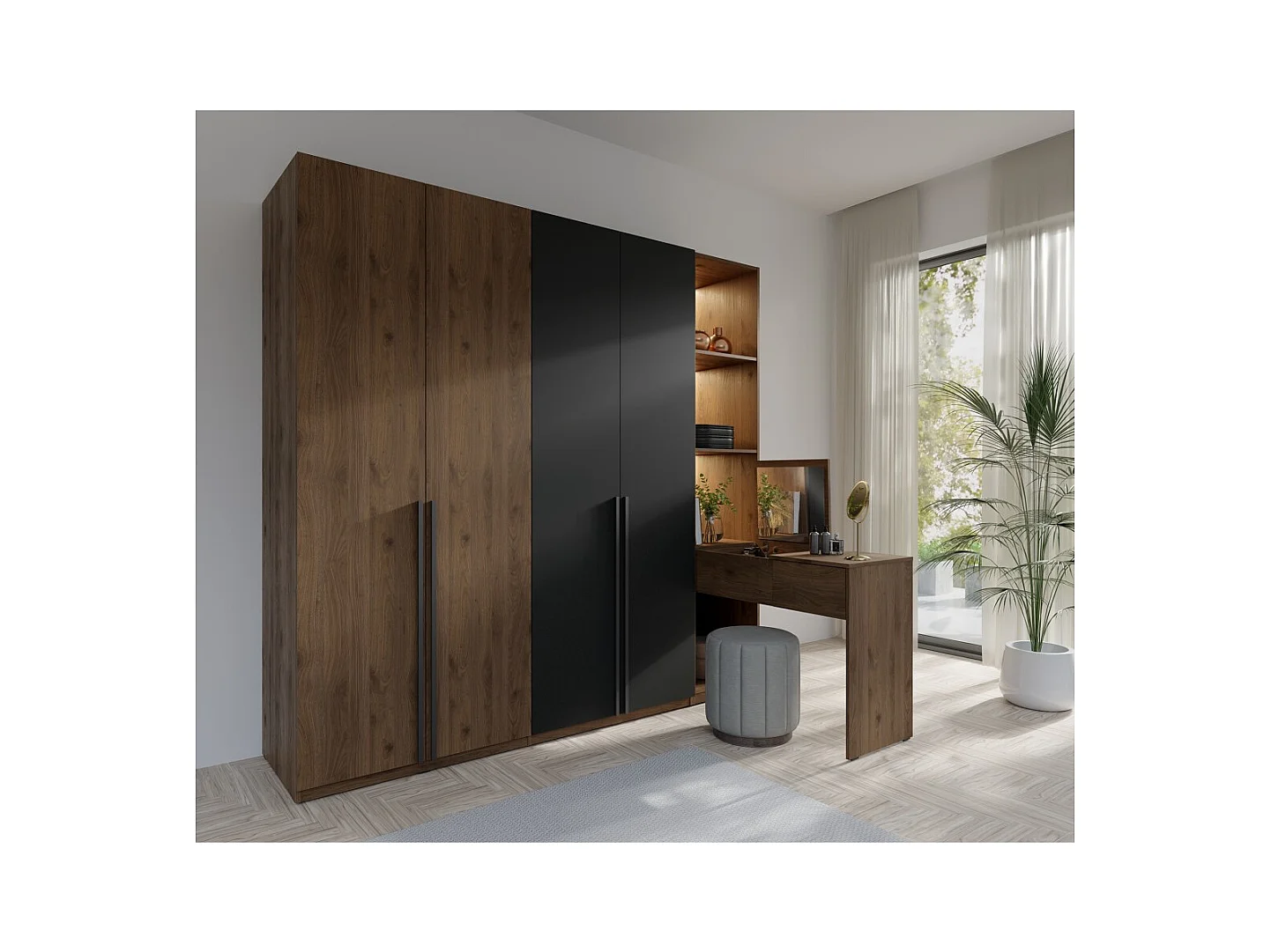 Armoire 4 portes avec coiffeuse intégrée NORVIK – Noyer et noir – Miroir, LED et rangements inclus