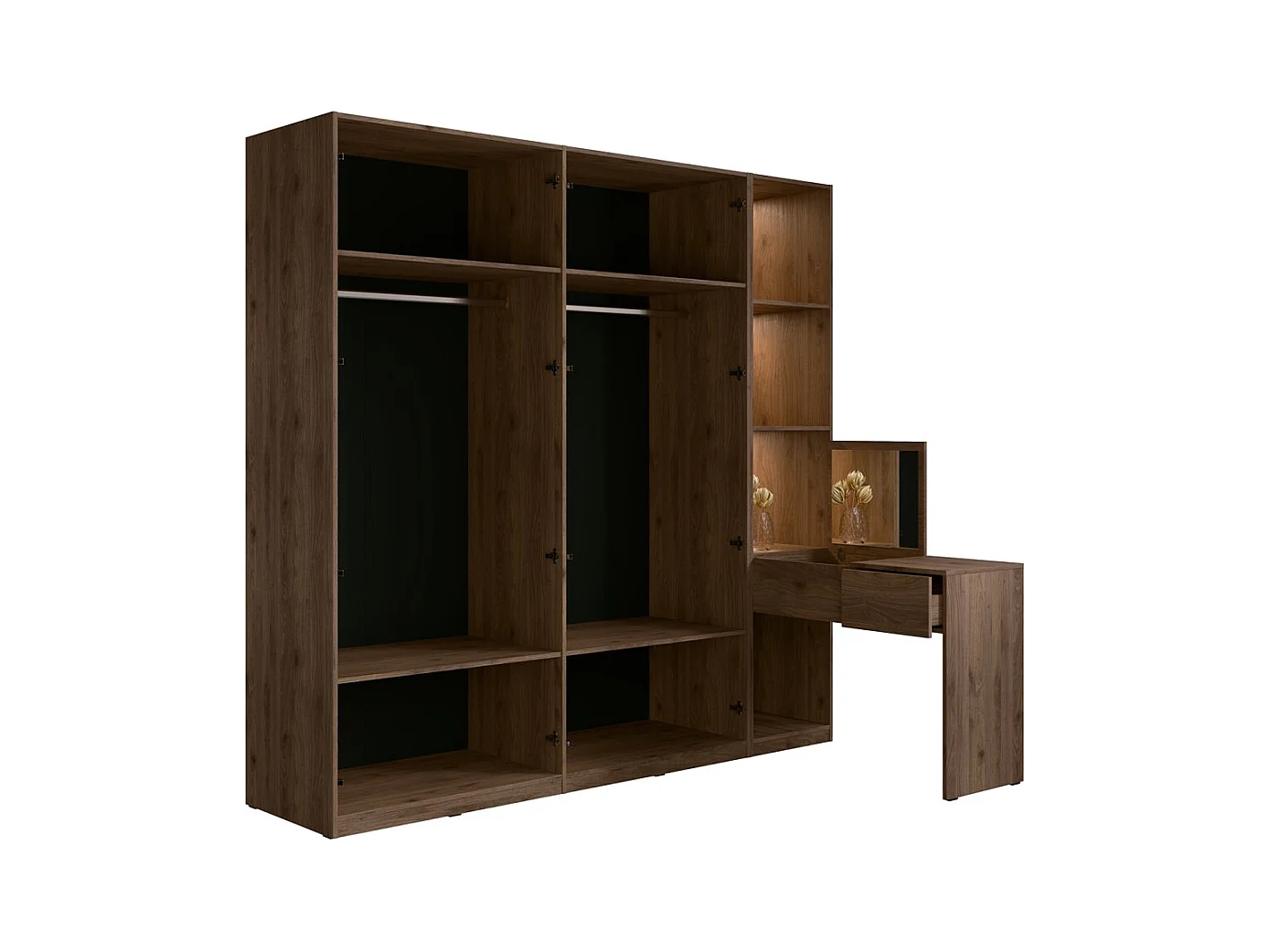 Armoire 4 portes avec coiffeuse intégrée NORVIK – Noyer et noir – Miroir, LED et rangements inclus
