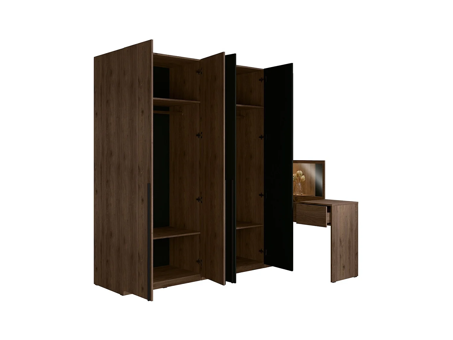 Armoire 4 portes avec coiffeuse intégrée NORVIK – Noyer et noir – Miroir, LED et rangements inclus