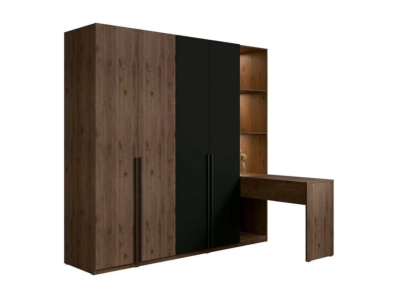 Armário 4 portas com penteadeira integrada NORVIK – Nogueira e preto – Espelho, LED e armazenamentos inclusos