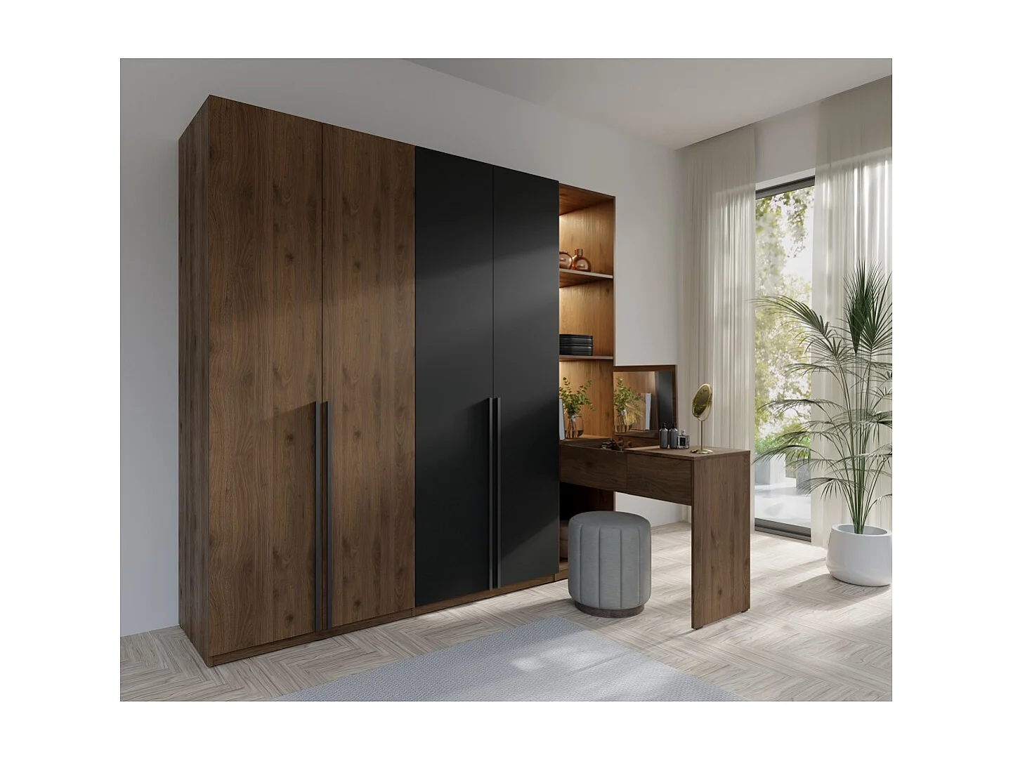 Armário 4 portas com penteadeira integrada NORVIK – Nogueira e preto – Espelho, LED e armazenamentos inclusos