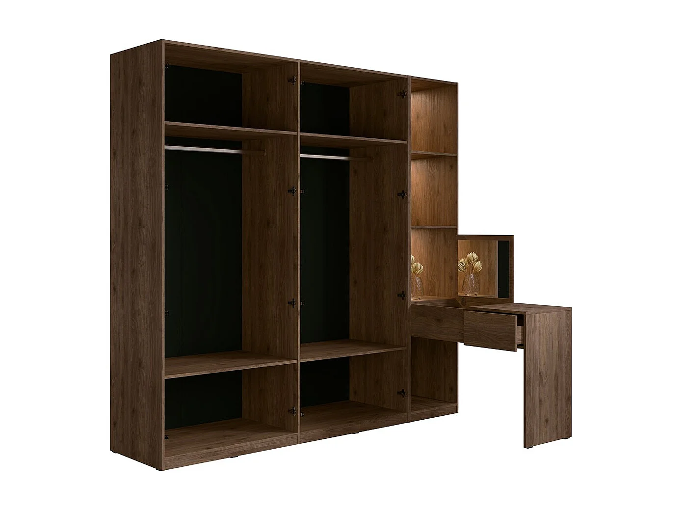 Armário 4 portas com penteadeira integrada NORVIK – Nogueira e preto – Espelho, LED e armazenamentos inclusos