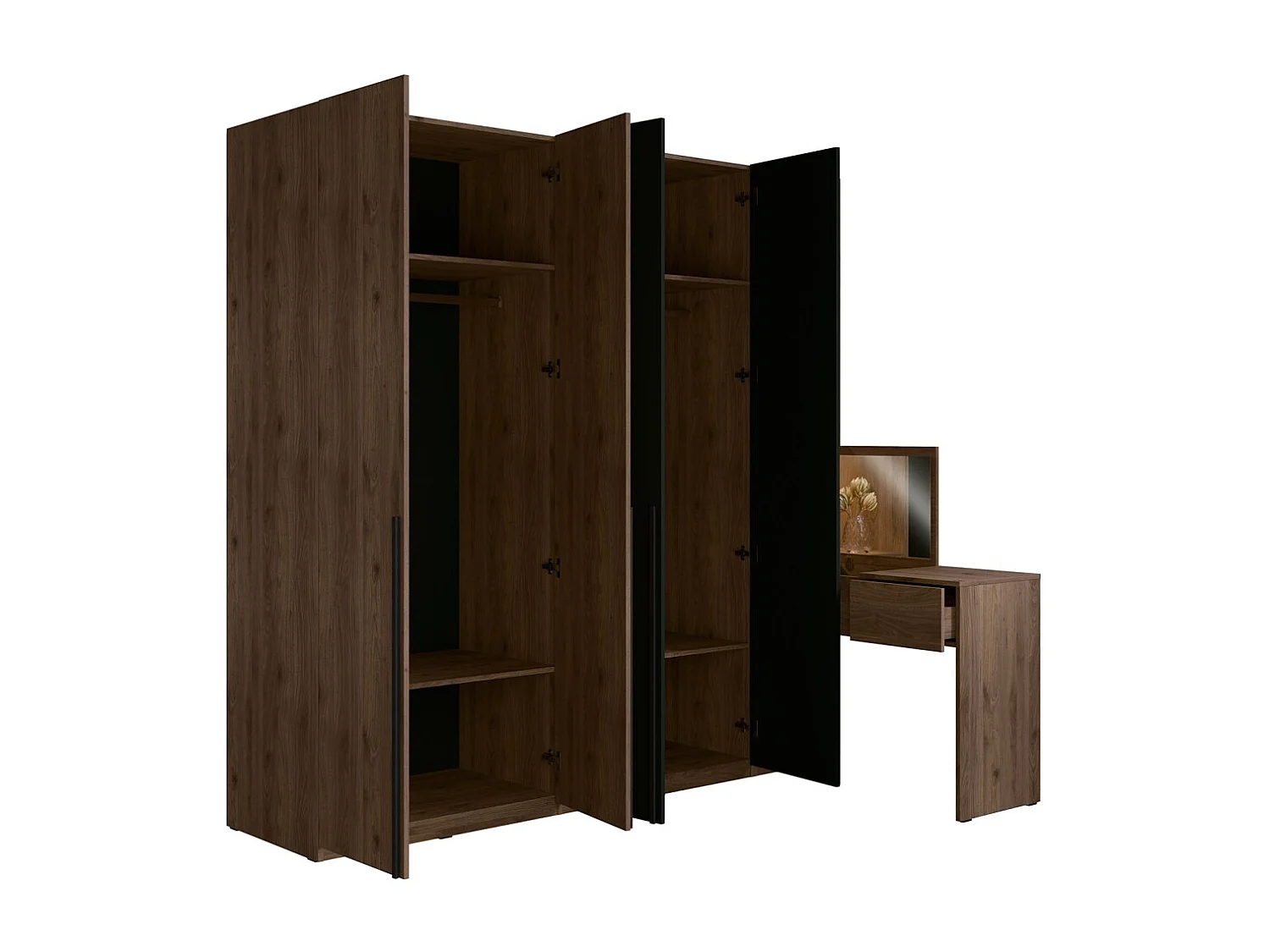 Armário 4 portas com penteadeira integrada NORVIK – Nogueira e preto – Espelho, LED e armazenamentos inclusos