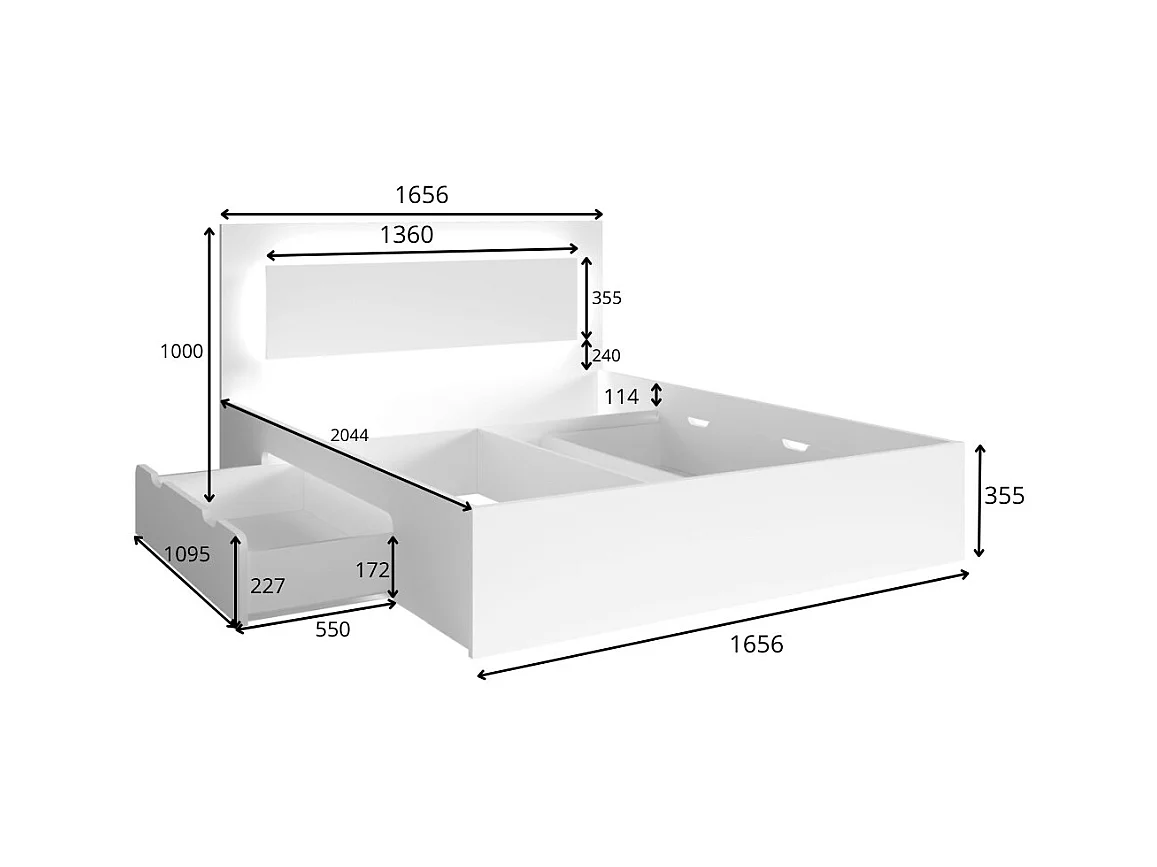 Cama VELTIS 160x200 cm con cabecero LED - Color roble Wellington - Somier y colchón no incluidos