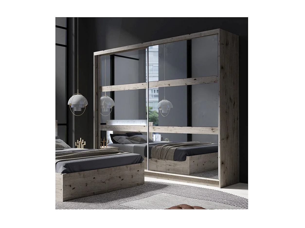 Armário VELTIS 2 portas de correr com espelho – L230 x H215 cm – Cor carvalho Wellington