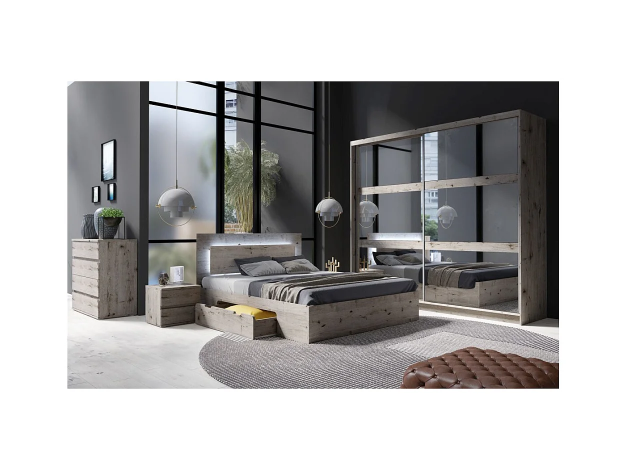 Chambre complète VELTIS – Lit 180x200 LED avec sommier + armoire + commode + chevets – Frêne noir