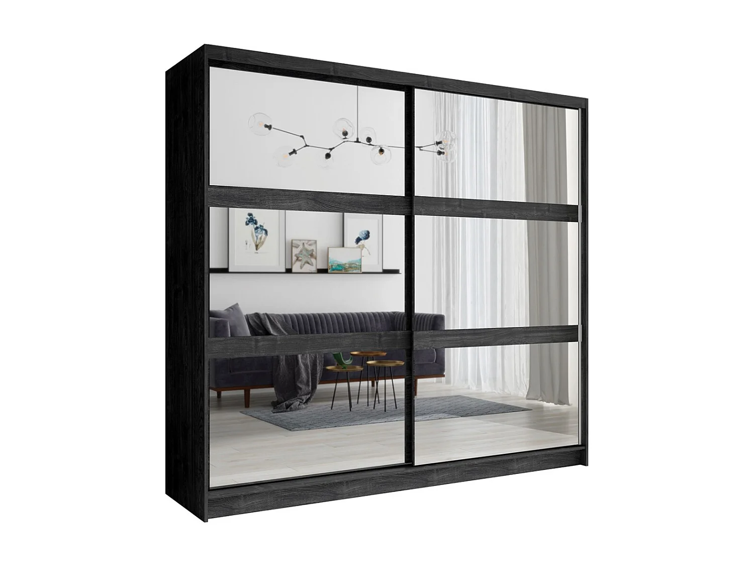 Habitación completa VELTIS – Cama 160x200 LED con somier + armario + cómoda + mesitas de noche – Fresno negro