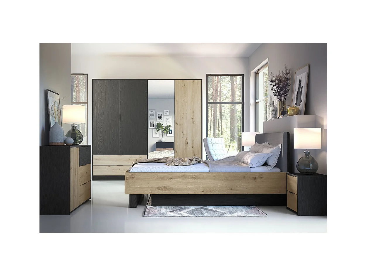 Conjunto Completo de Quarto MELODY – Cama baú 180x200 + guarda-roupa + cômoda + criados-mudos – Grafite preto e carvalho claro – Colchão não incluído