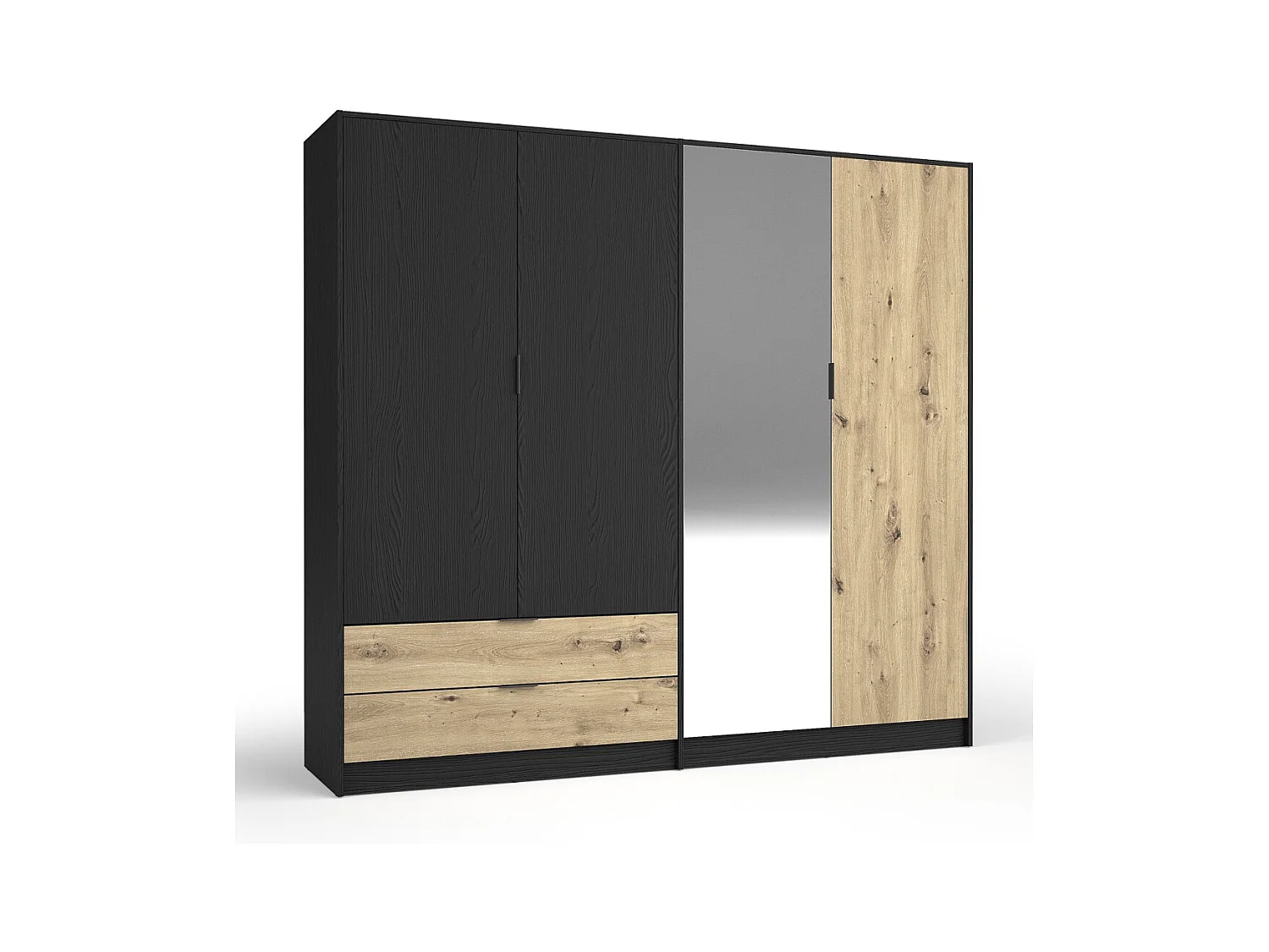 Conjunto Completo de Quarto MELODY – Cama baú 180x200 + guarda-roupa + cômoda + criados-mudos – Grafite preto e carvalho claro – Colchão não incluído