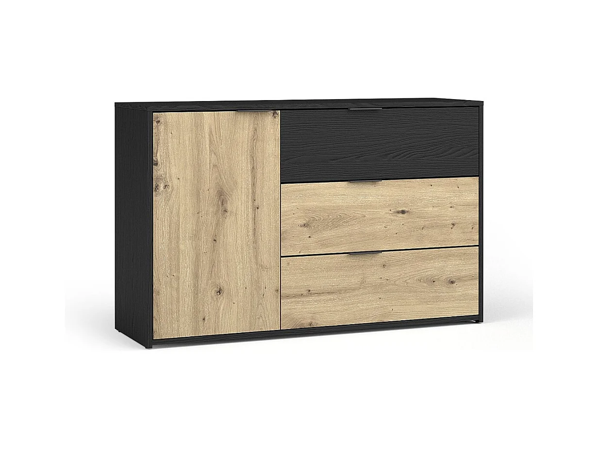 Conjunto Completo de Quarto MELODY – Cama baú 180x200 + guarda-roupa + cômoda + criados-mudos – Grafite preto e carvalho claro – Colchão não incluído