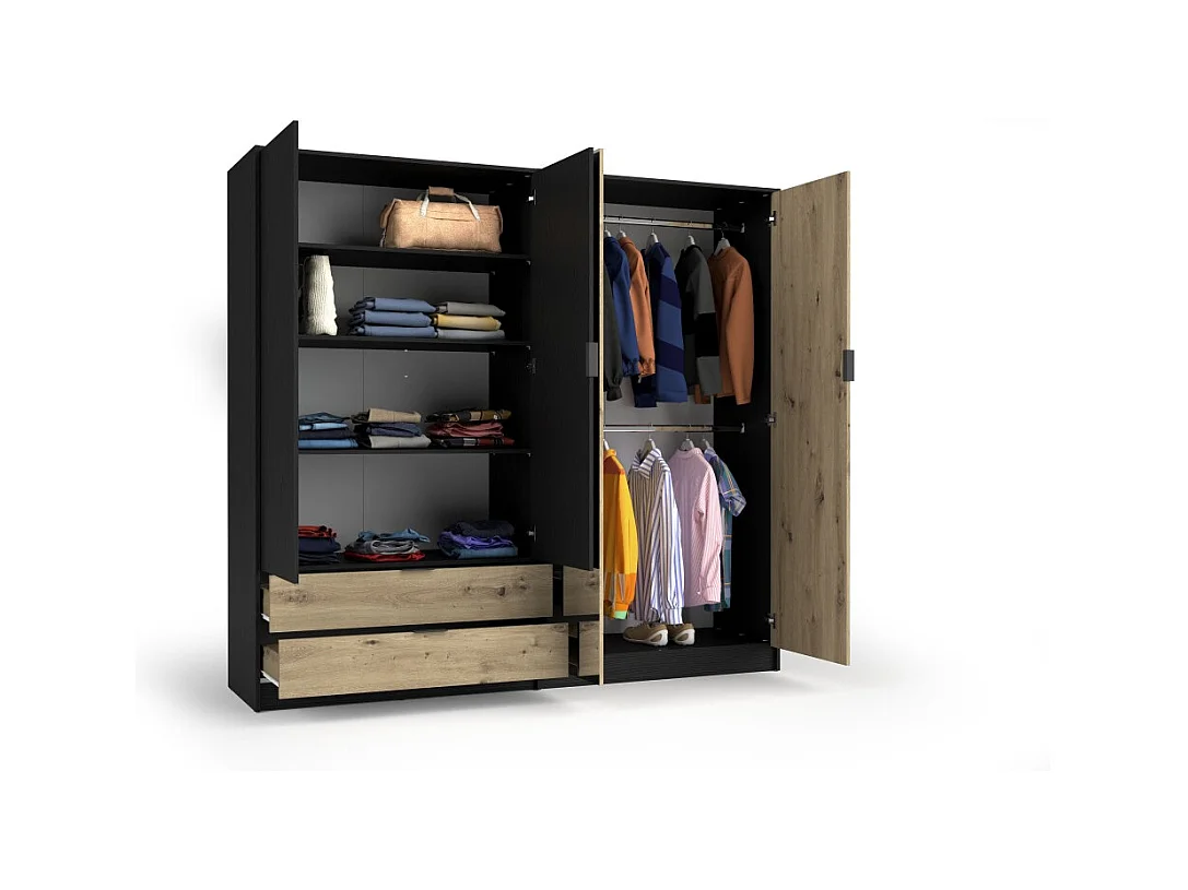 Conjunto Completo de Quarto MELODY – Cama baú 180x200 + guarda-roupa + cômoda + criados-mudos – Grafite preto e carvalho claro – Colchão não incluído