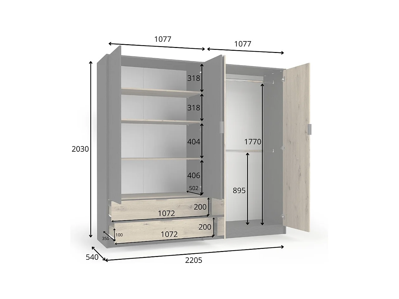 Conjunto Completo de Quarto MELODY – Cama baú 180x200 + guarda-roupa + cômoda + criados-mudos – Grafite preto e carvalho claro – Colchão não incluído