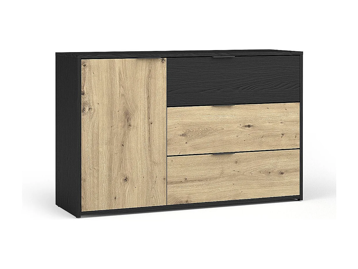 Conjunto completo de dormitorio MELODY - Cama con almacenamiento 180x200 + armario + cómoda + mesitas de noche - Negro grafito y roble claro - Colchón no incluido